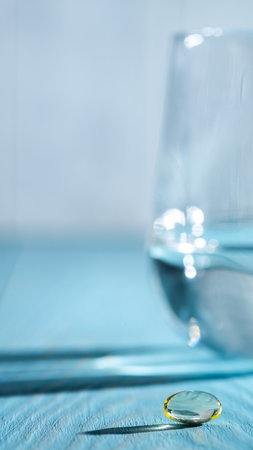 Fish oil and vitamin D capsules are located near a glass of water, against a blue background, emphasizing the importance of health and well-being in daily nutritionの写真素材