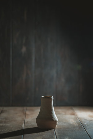Handcrafted ceramic vase rests on a rustic wooden surface, illuminated by soft, dramatic lighting. The dark background enhances the focus on the vase's unique shape and textureの写真素材