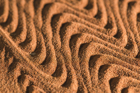 Ground chicory root forming a wavy pattern creates an intriguing texture, showcasing rich brown color and fine granules of a popular caffeine-free coffee substituteの写真素材