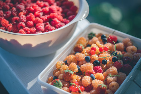 Sunlit scene showcasing bowls of freshly picked red and golden raspberries. The vibrant berries are displayed on a white surface, highlighting their natural colors and freshnessの写真素材