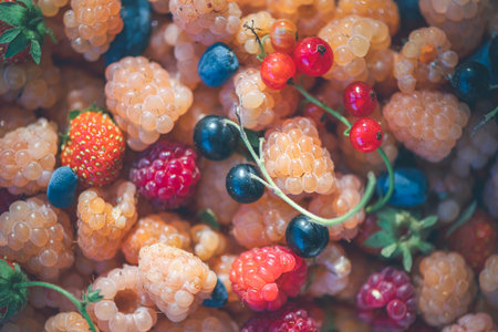 Colorful mix of fresh berries and fruits, including raspberries, strawberries, blueberries, and blackcurrants, showing a variety of textures and vibrant hues in natural lightの写真素材