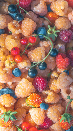 Colorful mix of fresh berries and fruits, including raspberries, strawberries, blueberries, and blackcurrants, showing a variety of textures and vibrant hues in natural lightの写真素材