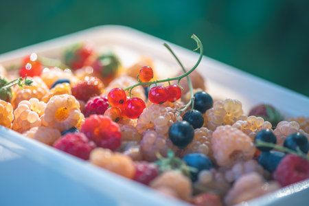 Vibrant assortment of fresh berries, including raspberries, blueberries, and currants, displayed in a rectangular container. Sunlight enhances the colors, creating a summery feelの写真素材