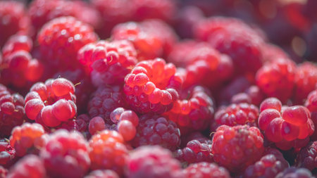 Vibrant collection of ripe raspberries, bathed in soft sunlight, showing their rich red hues and natural texture. Ideal for concepts of freshness, organic produce, and healthy eatingの写真素材