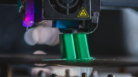 Modern 3d printer creating a green plastic object using innovative technology in a laboratory setting, showing the advancements in additive manufacturingの写真素材