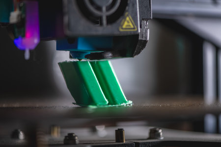 Modern 3d printer creating a green plastic object using innovative technology in a laboratory setting, showing the advancements in additive manufacturingの写真素材