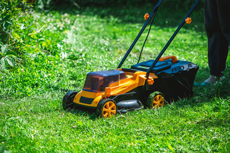 Gardener cutting overgrown grass with a lawn mower in a backyard garden on a sunny summer day, diligently maintaining the lush lawn and enhancing the outdoor spaceの写真素材