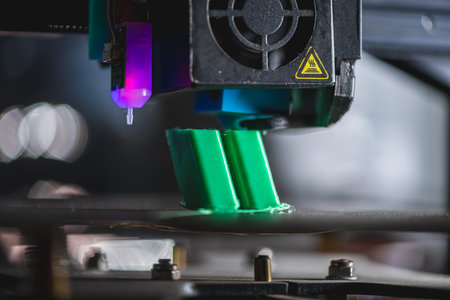 Modern 3d printer creating a green plastic object using innovative technology in a laboratory...