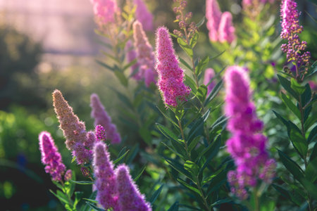 Beautiful purple spiraea flowers are blooming in a summer garden, illuminated by the warm glow of the setting sun, creating a vibrant and enchanting sceneの写真素材