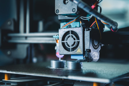 Modern 3d printer producing a new prototype model with melted material in an engineering laboratory,...