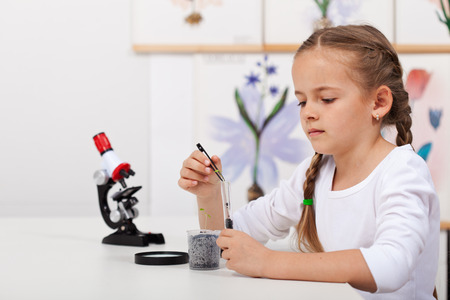 Young student in biology science class study small plants growthの写真素材