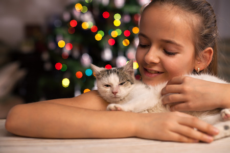 Young girl with her rescued kitten in front of the xmas tree at christmas time - admiring the fluffy hair of her giftの写真素材