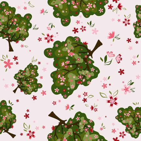 Seamless Pattern trees with flowersのイラスト素材