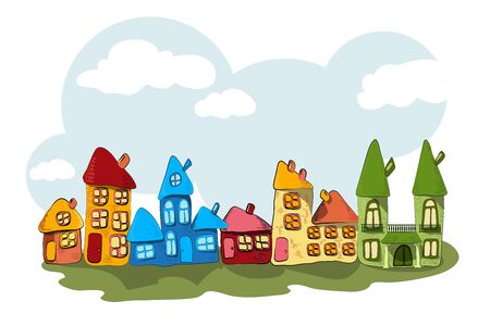 Collection of cute houses in a whimsical childlike style.のイラスト素材