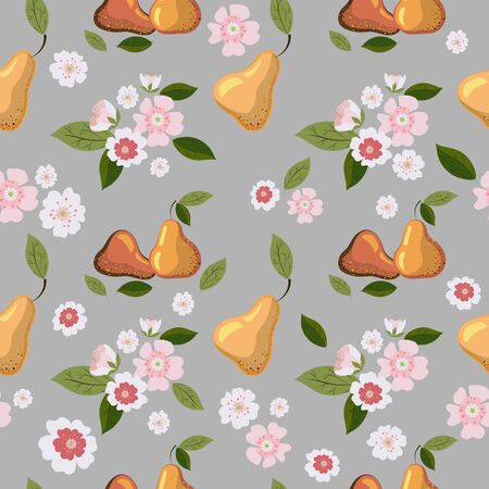 Seamless pattern. Pear juicy fruits leaves and flowers on gray background.のイラスト素材