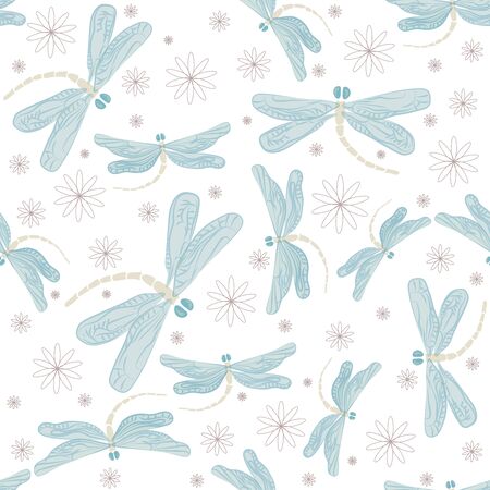 Vector seamless pattern with blue dragonflies and flowers on a light background.のイラスト素材