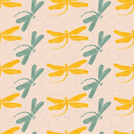 Vector seamless pattern with blue and yellow dragonflies on a light background.のイラスト素材