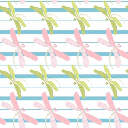 Vector seamless pattern with pink and green dragonflies on a light background.のイラスト素材