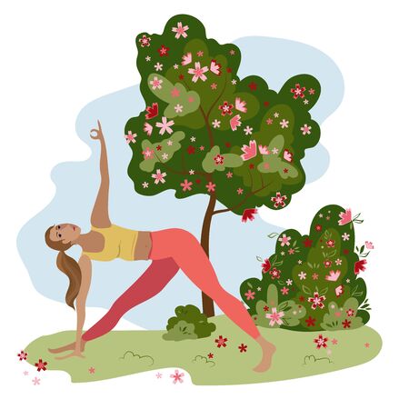 Young woman doing yoga exercises in park. Female cartoon character fitness activities. Yoga outdoor. Vector illustration in cartoon style.のイラスト素材