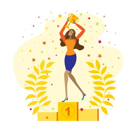 Winner concept. Beautiful smiling woman is standing on a winners pedestal with a golden cup.のイラスト素材