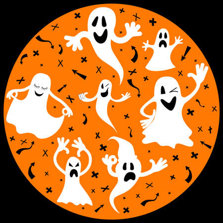 Halloween spooky monsters, scary poltergeist. Ghost apparition spook set.のイラスト素材