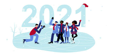 Multinational Group of Friends are Skates on the Ice, takes Photos and Celebrates New 2021 Year. Happy Girls and Boys are Posing. A Photo against 2021のイラスト素材