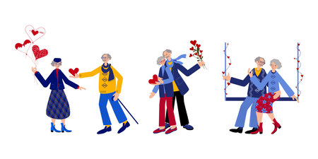 Seniors couple love and care about each other. Old man and woman are hugging, gifting presents, swinging and are happy being together. Cute postcard on the Valentines day.のイラスト素材