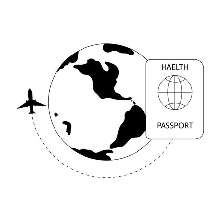 Health passport or immunity passport for safe travel. Plane is flying around the Earth. Vaccination passport.のイラスト素材