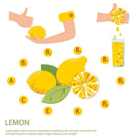 Set of lemons. Lemons contain vitamins. Lemon juice. Juicy vitamin lemonsのイラスト素材
