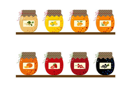 Homemade handmade jam from Mandarins, Kumquats, Lemons, Oranges, Blackcurrant, Red currant, White Currant, Strawberry. Set of Jars of Fresh Berries Jam and Sunny Juicy Fruits Jam. Flat style Vector Illustration isolated on white Background.のイラスト素材