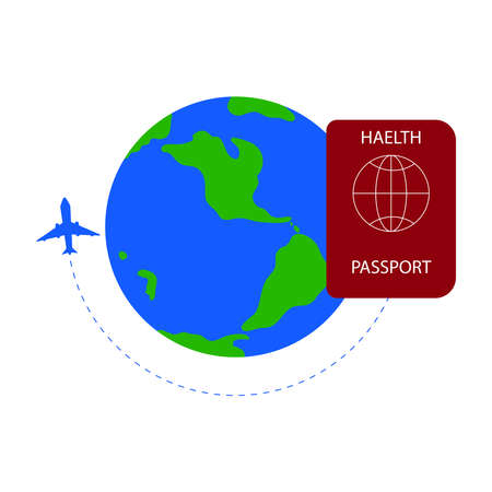 Health passport or immunity passport to travel without problems during Covid-19. Plane is flying around the Earth. Vaccination passport. Flat style Vector Illustration isolated on white Background.のイラスト素材