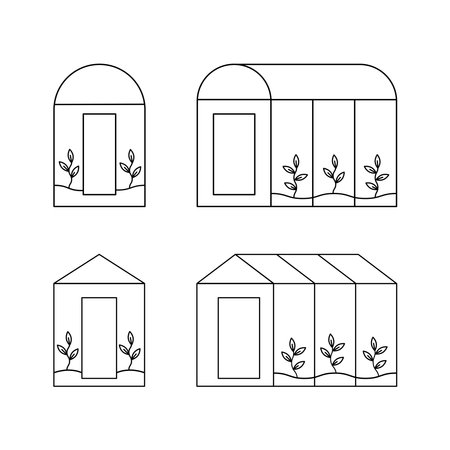 Set of greenhouse. Vector illustration. Plants growing inside glass greenhouse. Vector empty greenhouse and with plants.のイラスト素材
