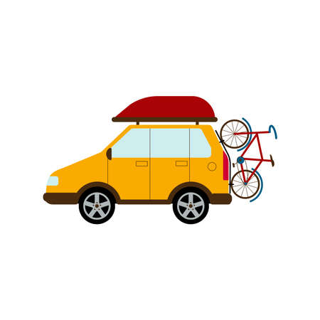 Traveling by car. A car with aero bag and a bicycle. Family hobby. Flat style Vector Illustration isolated on white Background.のイラスト素材