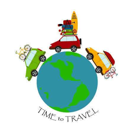 Travel around the world by car. Three cars are carrying necessary things for the trip. Long-distance travel by company.のイラスト素材