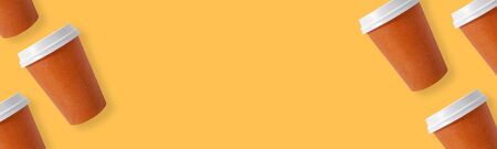 Coffee take away orange color by the both side summer banner with space for text in center. Happy...
