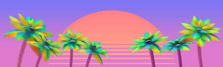 Retro summer sunset banner with colorful palm trees. Purple gradient and orange retro sundown