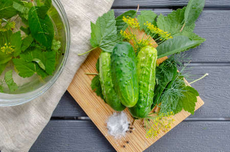 Tasty lightly salted cucumbers. Seasonal harvesting of vegetables for the winter. Lightly salted cucumbers top view with ingredients for the recipe lie on a wooden cutting board in a rustic styleの写真素材
