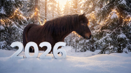 Brown horse standing by snowy forest and sunny light. Integrated with 2026 numbers. Ideal for New Year celebrations, branding visuals, and seasonal digital contentの素材