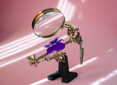 Closeup Examination of a Purple Flower with Magnifying Glassの写真素材