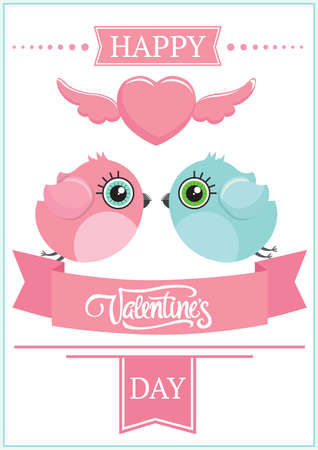 Two cute birds in love flying over the ribbon. Valentine.のイラスト素材