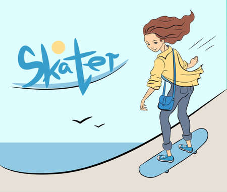 The girl skates on skateboard.のイラスト素材