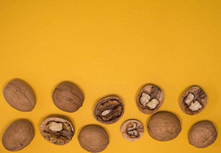 Walnuts on mustard background. Walnuts whole and open.の写真素材