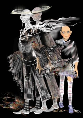 scary ghosts, one twin ghost, one child ghost, gray realistic shapes over a black background, raster illustrationの写真素材
