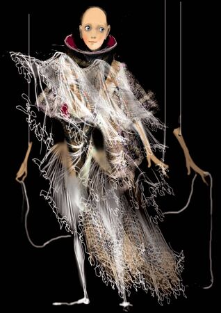 ghost marionette, bald child, with loose arms over a black background, raster illustrationの写真素材