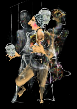 changing faces and personalities, psychology, split personality, marionettes, images, perception of reality, inner world, raster illustration over a black backgroundの写真素材