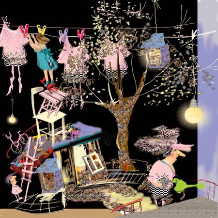 crazy little home, crazy messy house next to a big tree, laundry lane and a girl and a woman in weird clothes, raster illustration over a black backgroundの写真素材