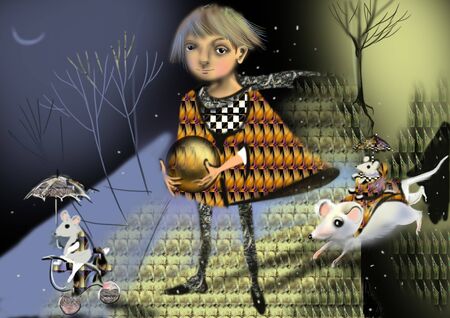 Fairy tale girl, prince on a path in a fairy tale forest, mice riding mice aroundの写真素材