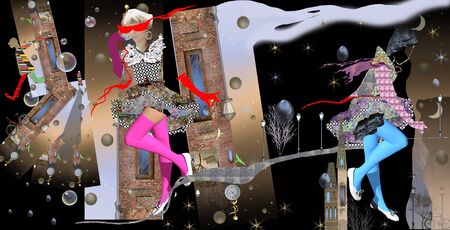 abstract illustration day and night, fashion, doors, darkness and light, women in fancy dresses, stars, architecture, movement, skyの写真素材