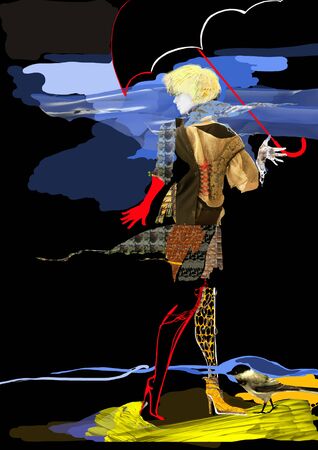 woman walking in rain, bird standing next to her, dark illustration, fashion illustration, holding an umbrella, dark clouds in the background, red glove, colorfulの写真素材
