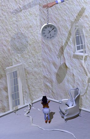 a girl standing in the middle of a white scary room, with a clock held by a loose arm in the middle of it, 3D illustration, raster illustrationの写真素材